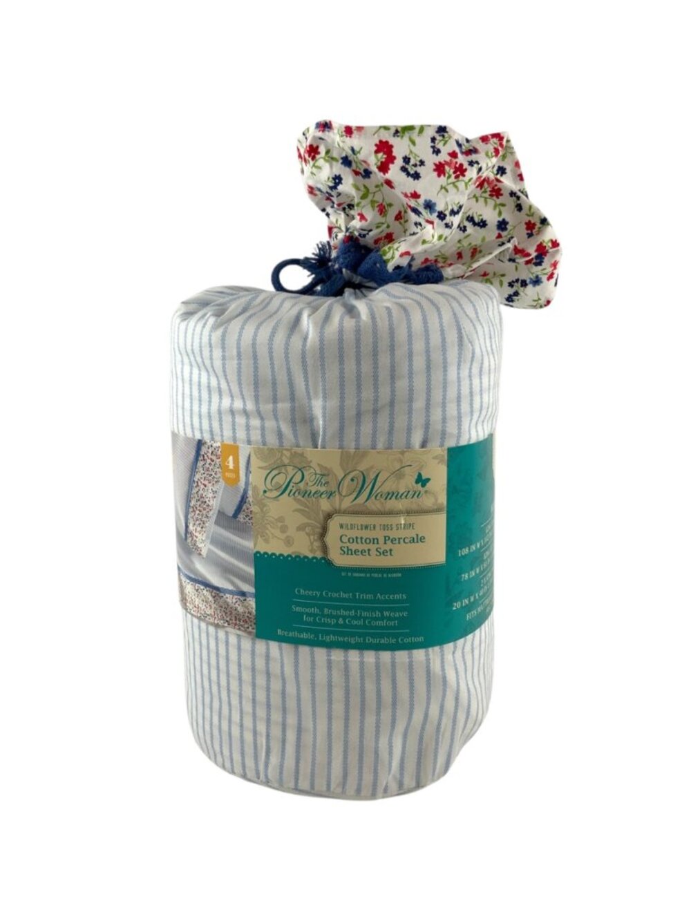 The Pioneer Woman Wildflower Toss Stripe King Cotton Percale 4-Piece Sheet Set